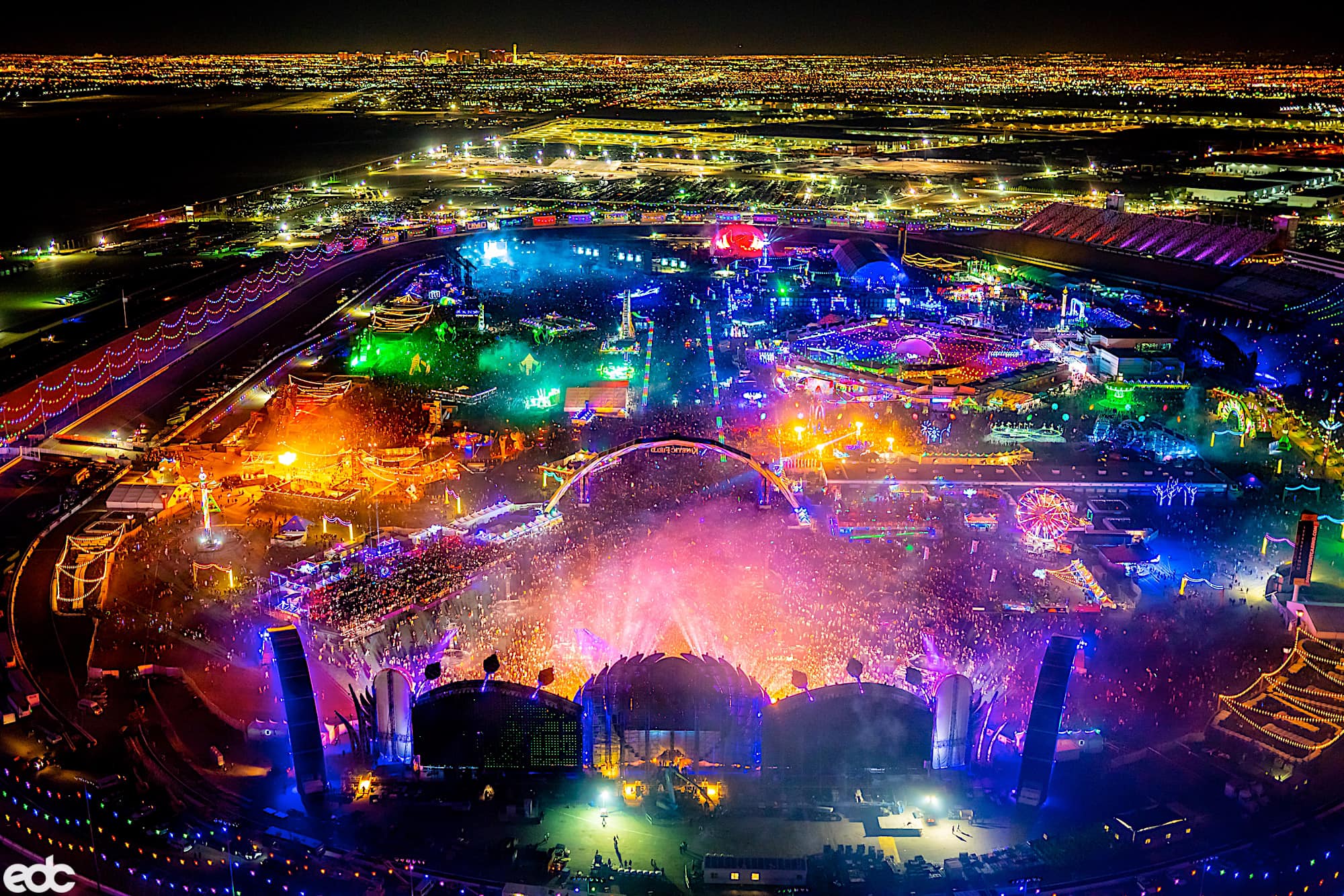 aerial coverage of outdoor neon music festival