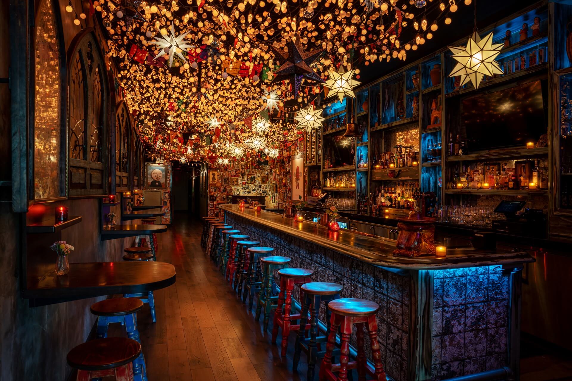 bar with twinkle light ceiling