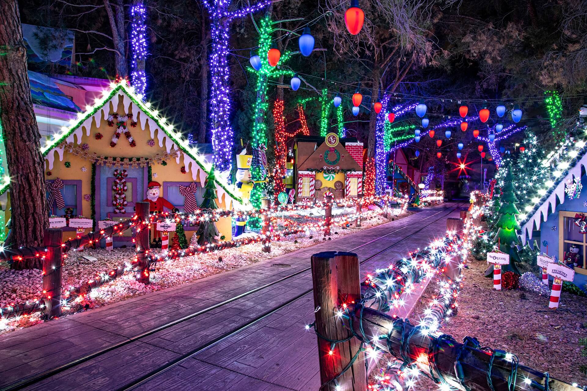 street decorated as gingerbread houses