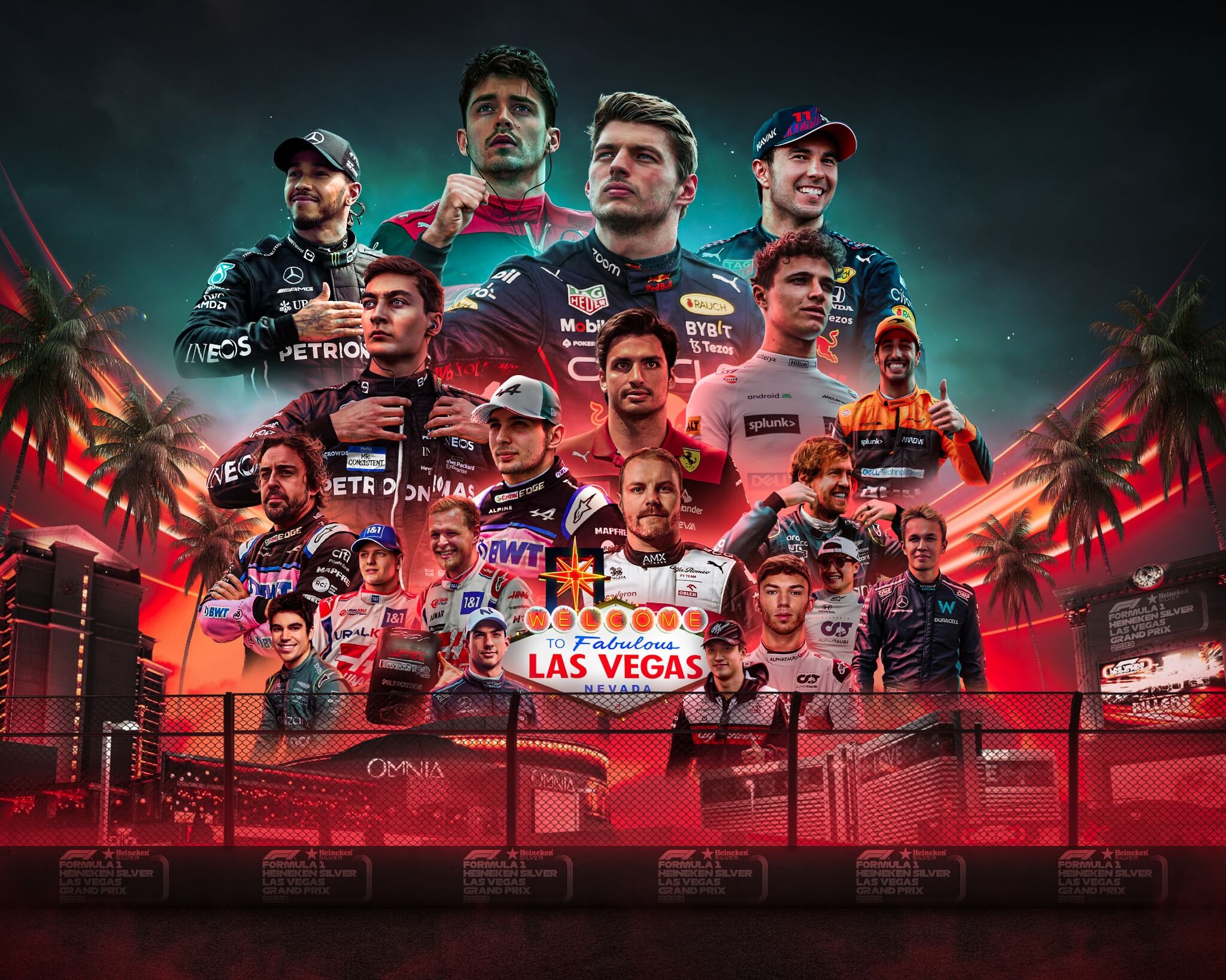 F1 car drivers in collage with vegas city signs