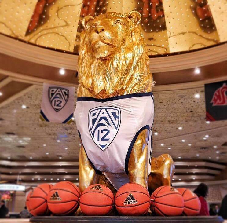 golden lion statue in hotel lobby wearing basketball jersey